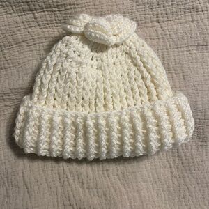 Hand-Crocheted White Chunky Bow Beanie